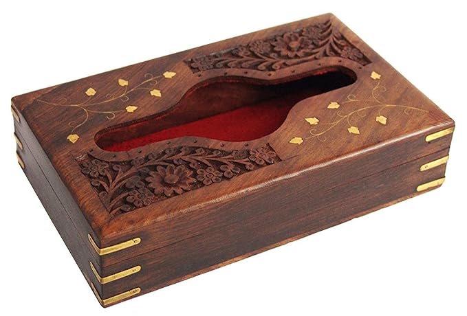 Wooden Tissue Box with Brass Inlay 9x5