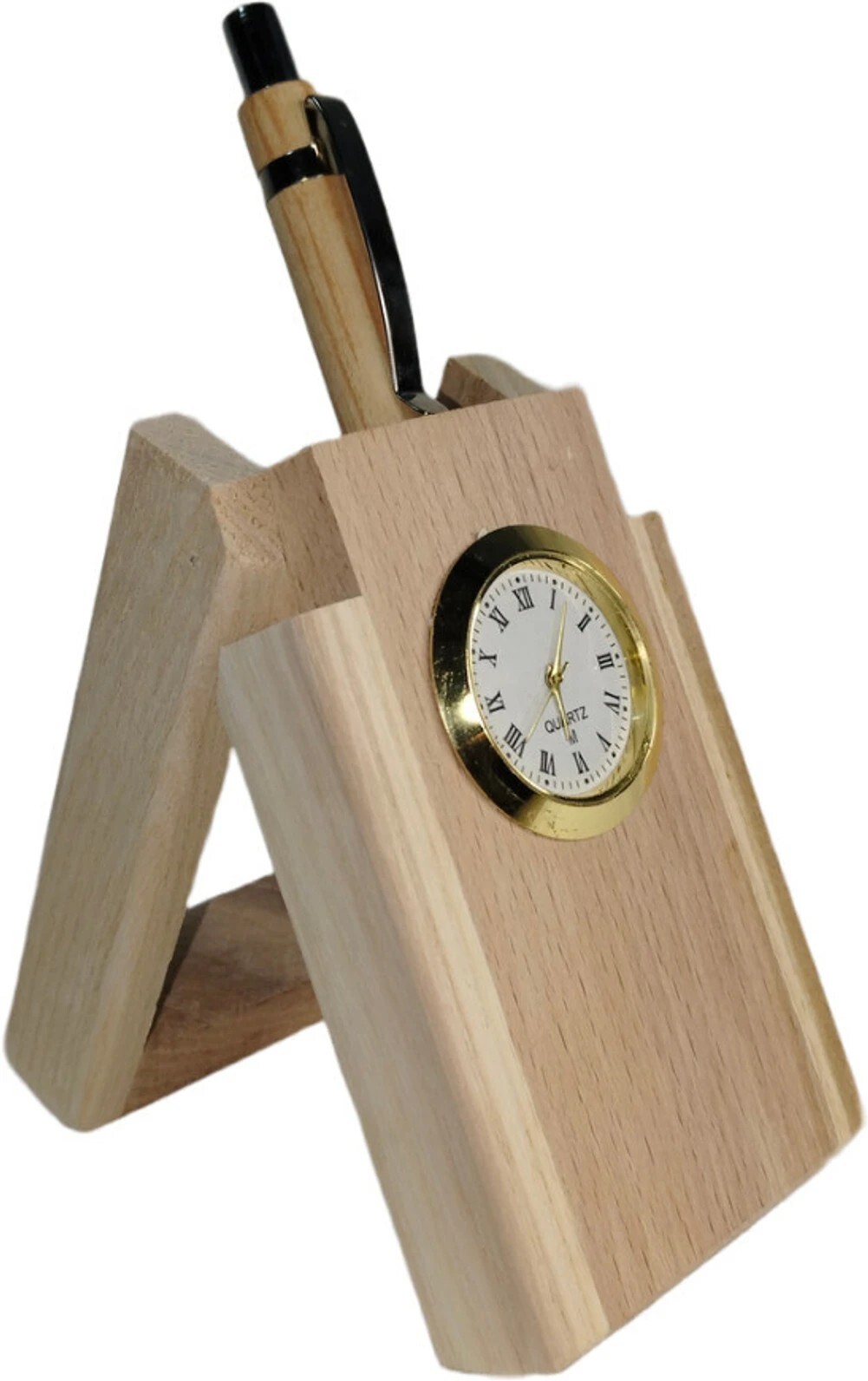 Wooden Pen Holder With Clock